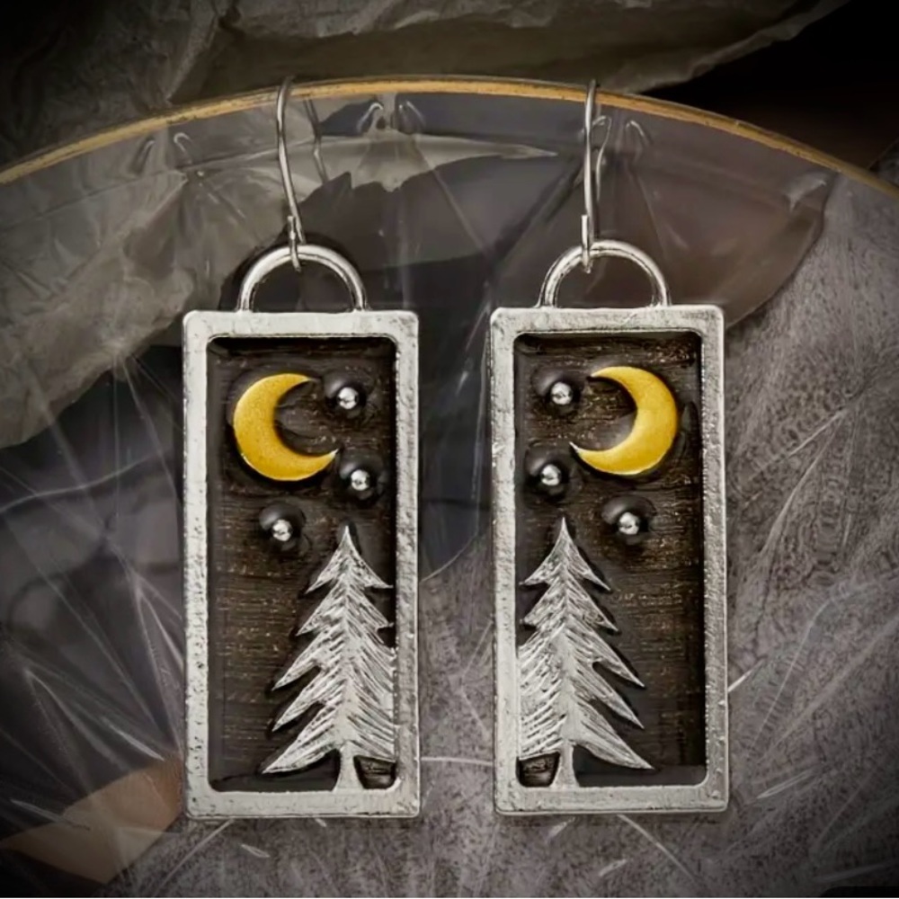 Evergreen Under Moonlight Pine Tree Crescent Moon 3D Rectangle Forest Earrings